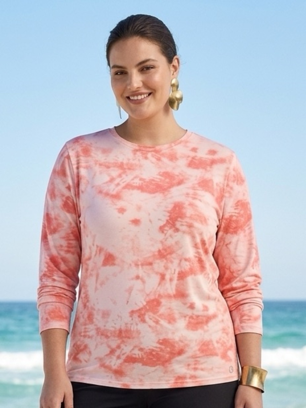 Hang Ten Swim Top Women's Size XL Pink Tye Dye Long Sleeve Stretchy Sun Tee